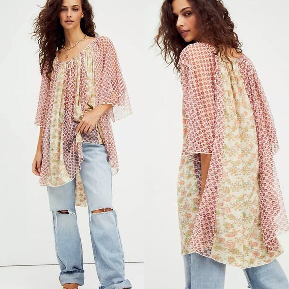NWT Free People Because I Love You Tunic/Dress In Sunshine Combo Sz M Boho Sheer - Picture 1 of 16